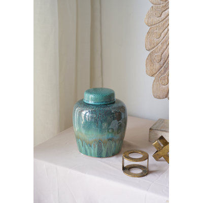 Pot rond en céramique avec glaçure réactive bleue et crêtes subtiles D5.2x6 "