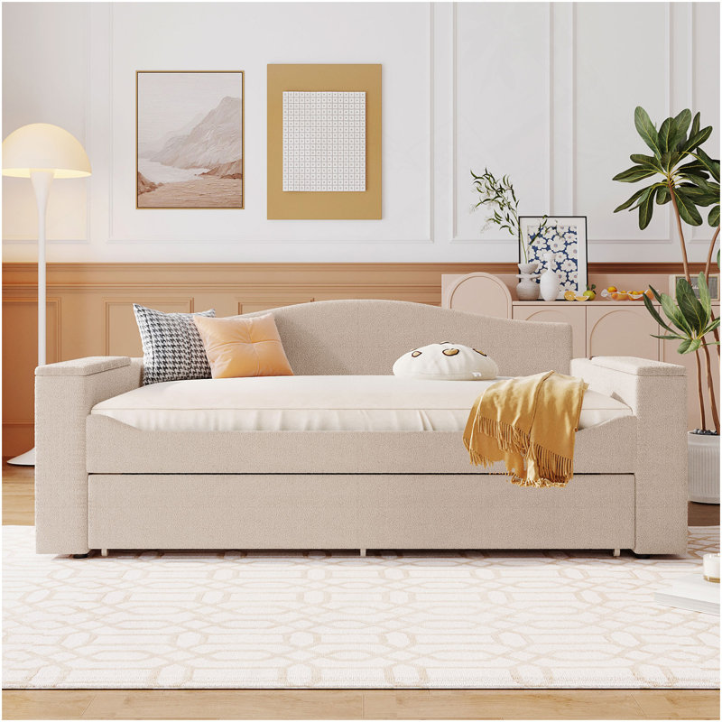Lit de jour double rembourré avec accoudoirs de rangement, couchette et dernier système audio Bluetooth intégré, molleton Teddy, beige