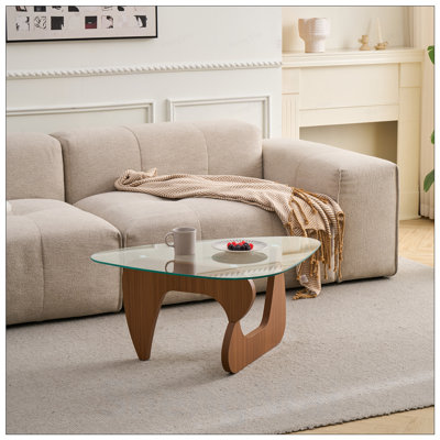 Mid-Century Modern Wood Center Table with Sleek Glass Top, Perfect for Small Living Rooms and Farmhouse Decor.