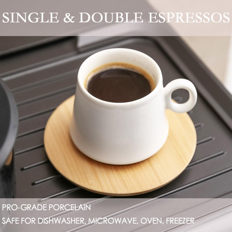 White Ceramic Espresso Cup and Wooden Saucer Set with Holder