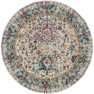 7' Gray Round Floral Power Loom Area Rug