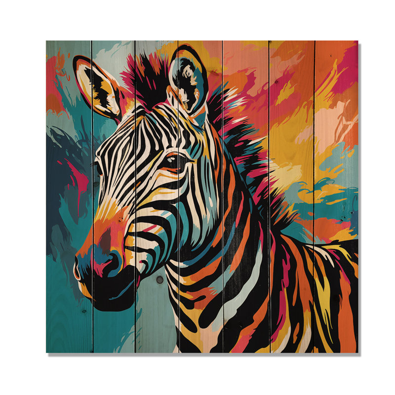 Fantaisie colorée de zèbre Popart I - animal zèbre sur bois, H 15 po x l 15 po