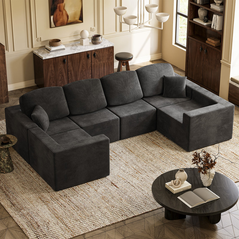 Boneless L-Shaped Modular Sectional Couch, Cloud U-Shaped Sectional Sofa with Wide Armrest, Black Corduroy