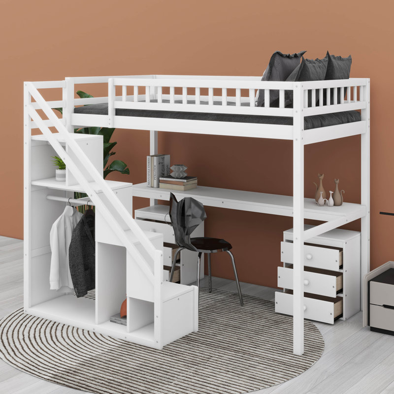 Structure de lit mezzanine avec escalier de rangement avec main courante, commode avec tiroir, DEL, garde-robe ouverte, Blanc