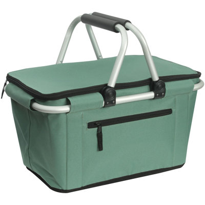 Picnic Basket, Collapsible Shopping Basket With Handles 27L Large Market Basket With Lid Reusable Folding Grocery Basket Insulated Cooler Bag, Green