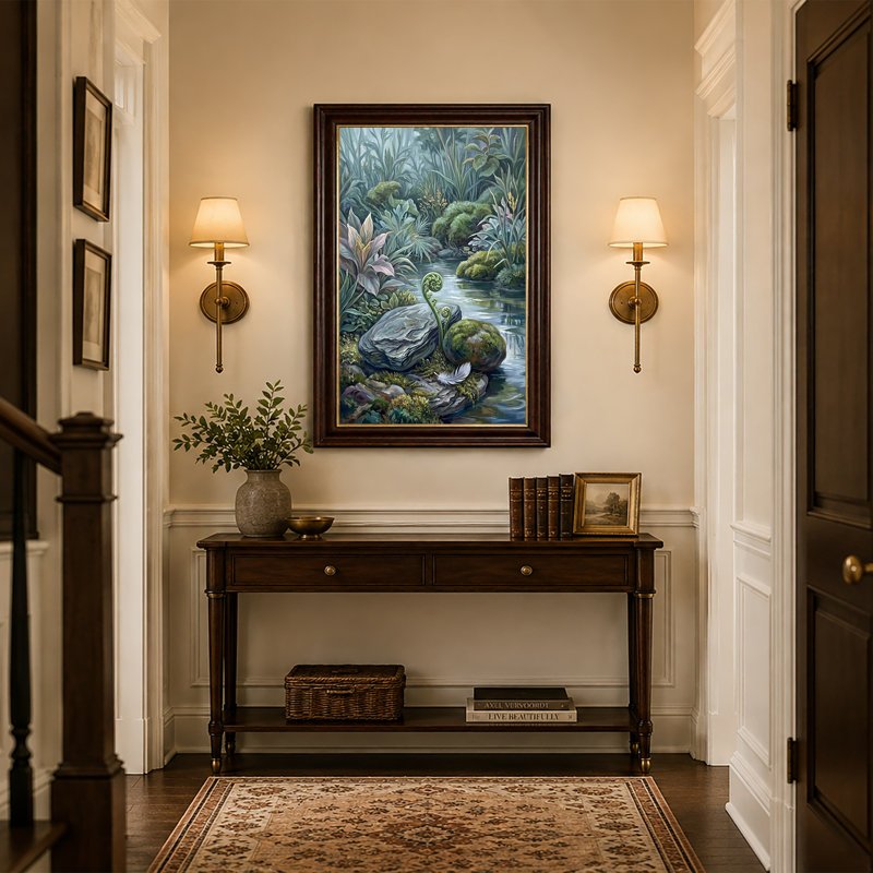 Art mural sur toile Curling Green Fern And Mossy Rocks By Stream, 24"H x 16"W