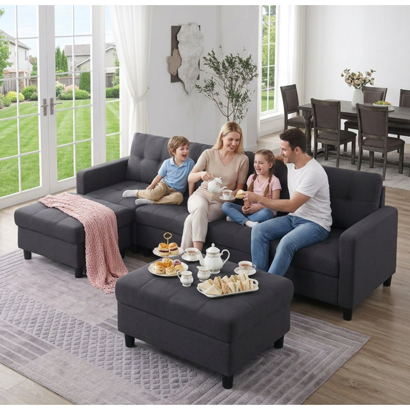 Kentrell 6-Piece Upholstered U-Shape Sectional Sofa With Ottoman, Dark Gray