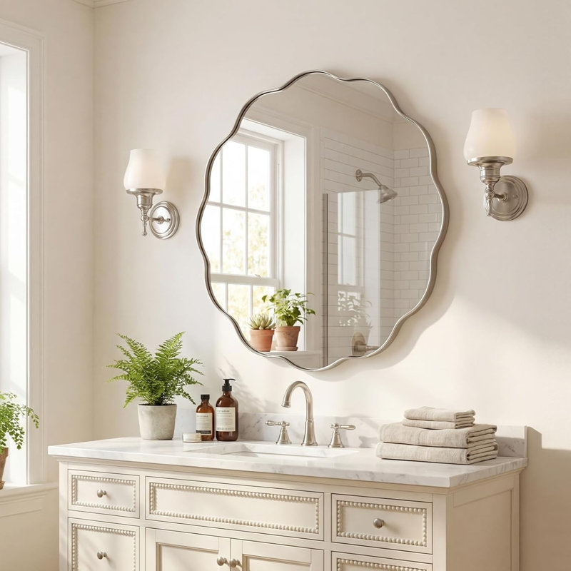 Miroir de salle de bain Contemporary Cadre en acier inoxydable, Nickel brossé, 30 po x 30 po