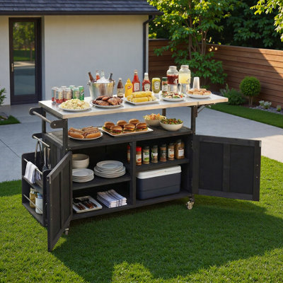 Foldable Outdoor Kitchen Island With Stainless Steel Worktop, Lockable Wheels, Storage Cabinet, Towel Rack And Two-tier Spice