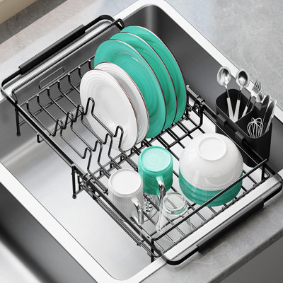 Expandable In‑Sink & Over‑Sink Dish Drying Rack, Black, Stainless Steel, 14.5‑18in, Rust‑Resistant, Space‑Saving with Removable Utensil Holder