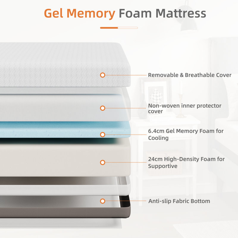 Gel Memory Foam Mattress – Breathable Removable Cover, Cooling Gel Layer, High-Density Support Foam, Pressure Relief & Motion Isolation, Easy Setup