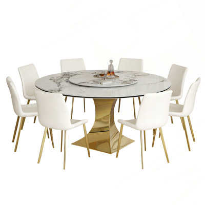 59" Round Sintered Stone Dining Table Set with Gold Stainless Steel Hourglass Base & 8 White Padded Chairs - Modern Luxury Marble-Look Kitchen Table f