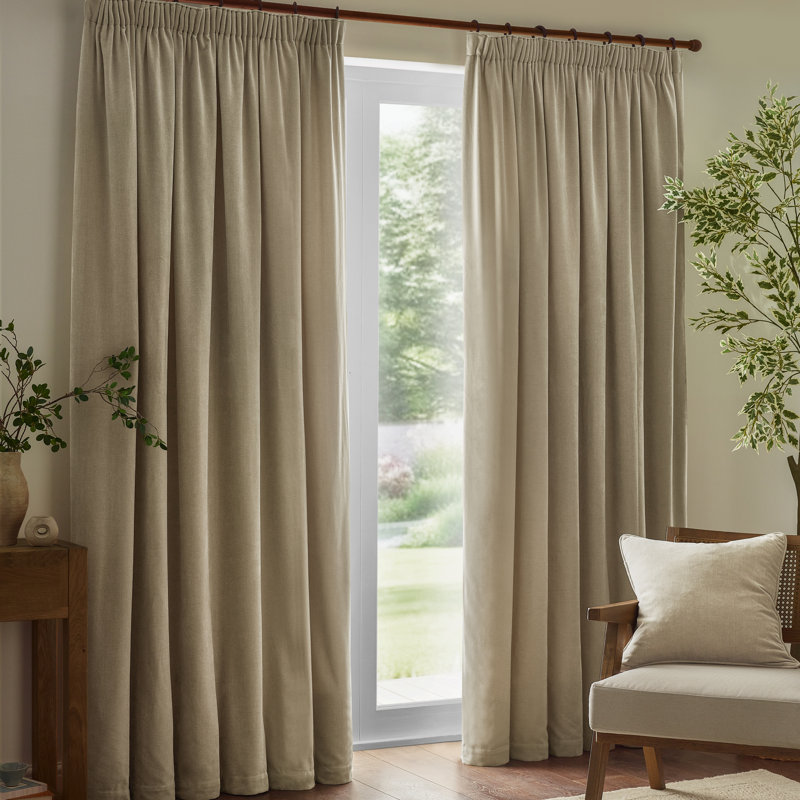 Heavy Chenille Room Darkening Curtain Panel Pair, Linen, 168cm Width x 137cm Drop