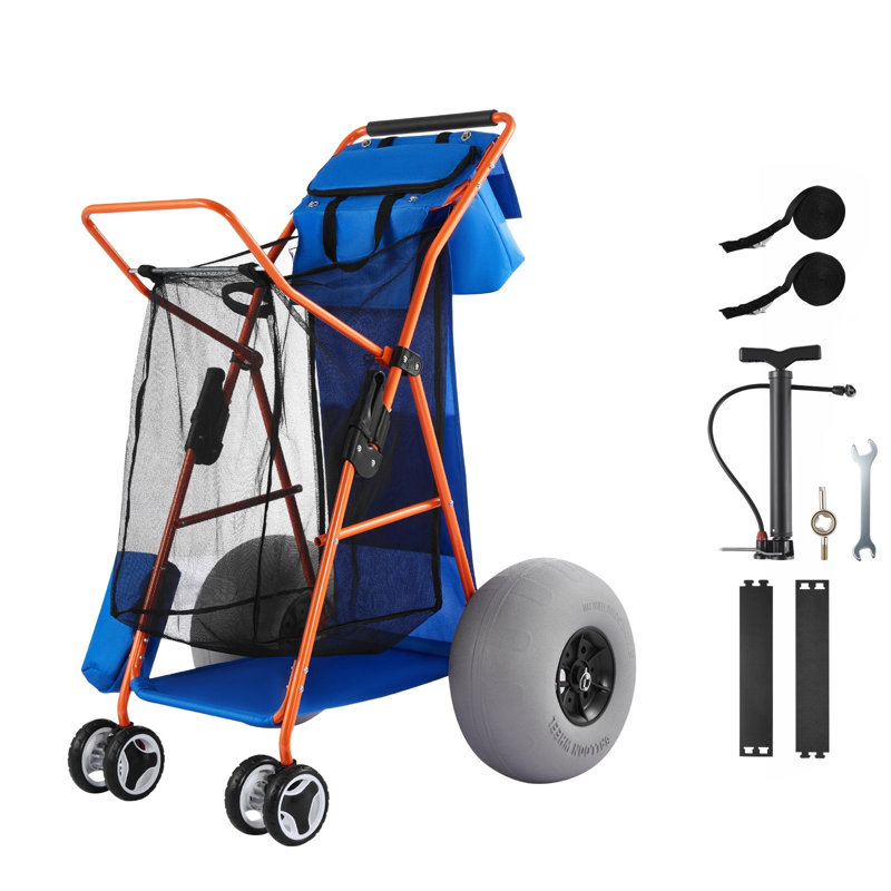 Chariot de plage pliable, capacité de 165 lb, structure en acier, 1 pièce, chariot utilitaire, noir, roues ballon de 12 po et sac isotherme