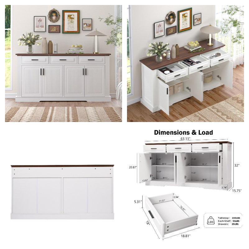 Ensemble de rangement de cuisine cannelé 3 pièces - Buffet 63 po avec 4 portes et 3 tiroirs, garde-manger 72 po avec support à épices, 2 grands tiroirs