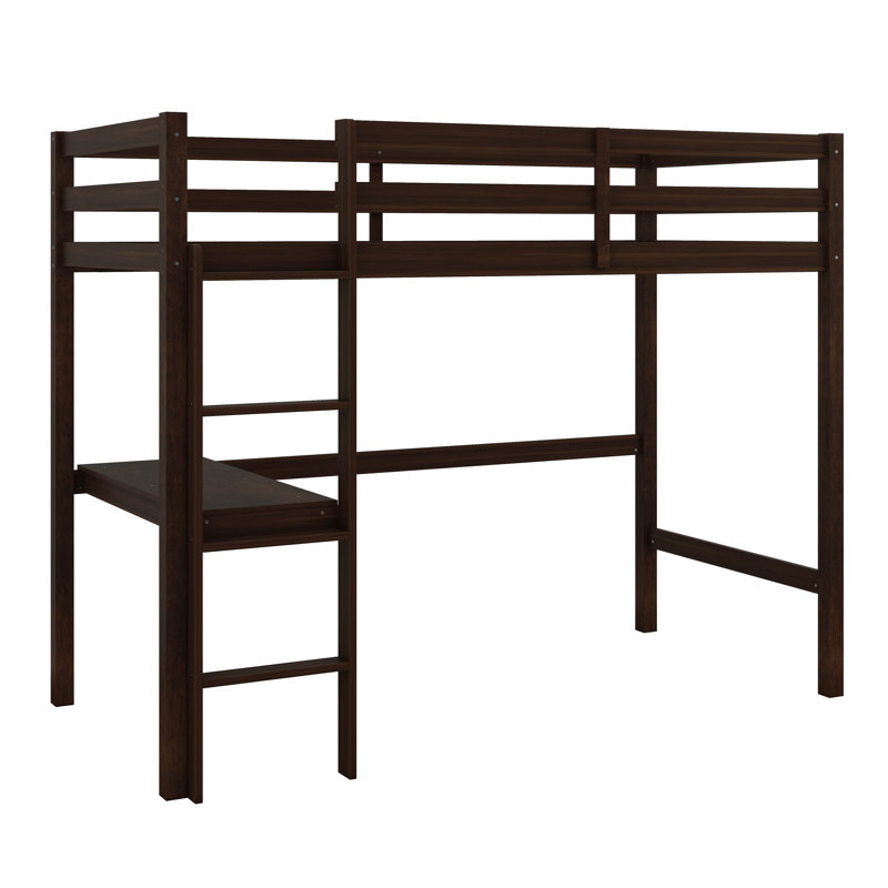 Twin Size High Loft Bed, Wood Loft Bed Frame With Built-In Desk And Ladder, Rubber Wood Bed With Safety Guardrail, Space-Saving