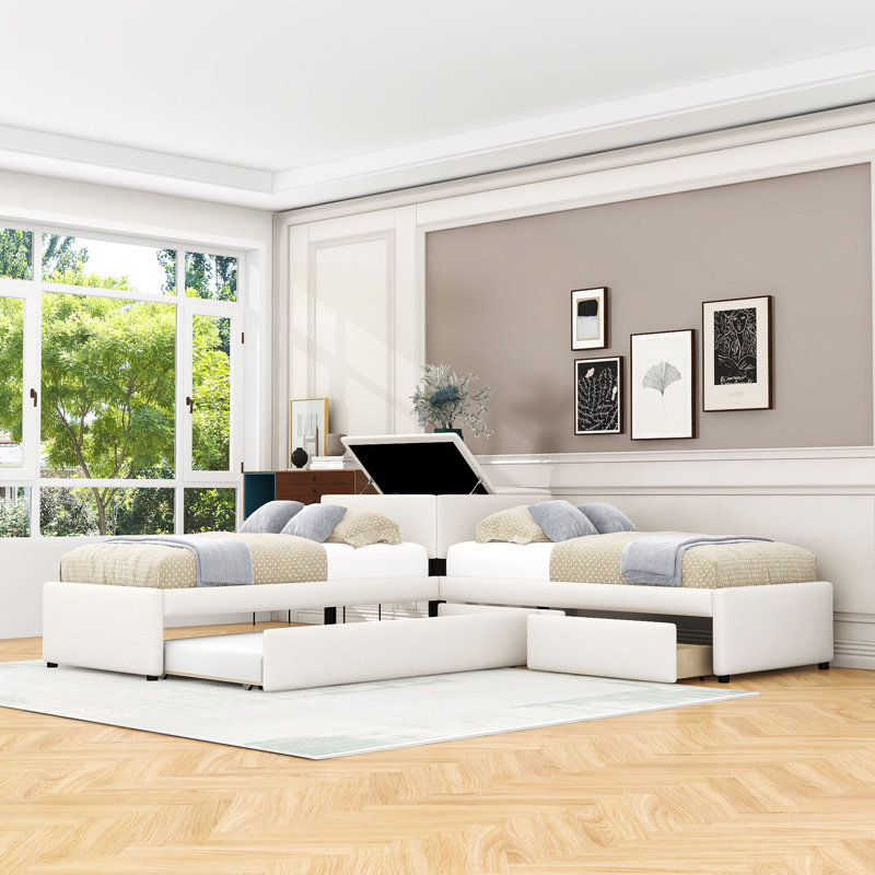 Lit simple en forme de L avec table intégrée et tiroirs de rangement, lit gigogne simple, Beige