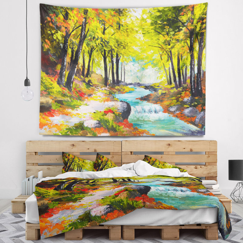 Paysage, rivière, vert, automne, tapisserie, forêt, H 32 po x l 39 po