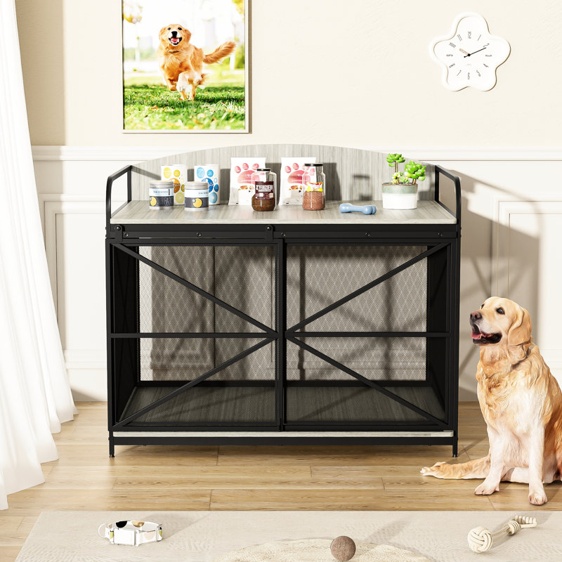 Style chenil pour chien gris - grande cage en bois pour chiens de taille moyenne, table de bout intérieure avec rangement et rangement coulissant pour meubles exclusifs, porte, convient aux chiens