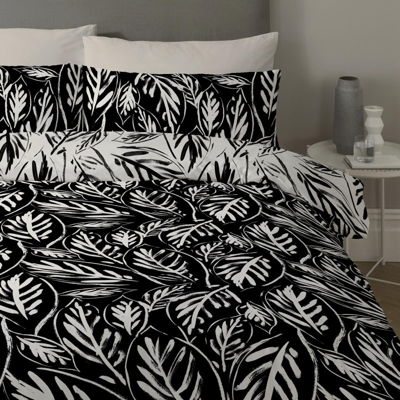 Cohoba Polyester Floral Duvet Cover Set, Black/White, Double - 2 Pillowcases