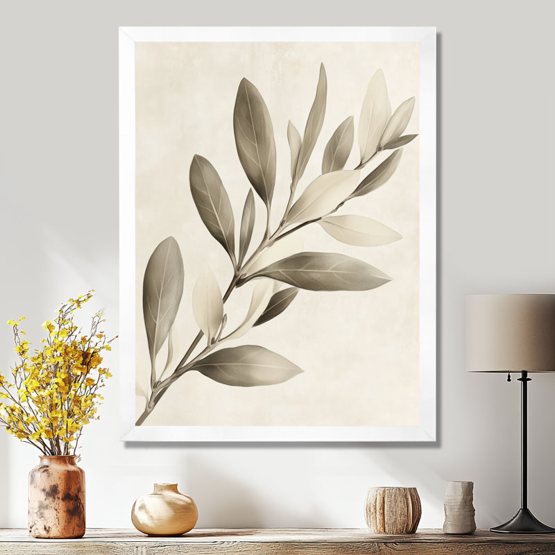 Branche d'olivier en eucalyptus doux vert ivoire III - Tableau encadré, H 32 po x l 24 po, White Picture Framed