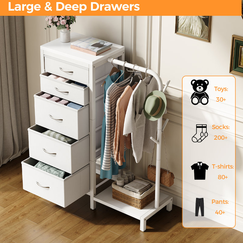 40cm W 5 - Drawer Chest of Drawers,Dresser with Hanging Rack,Extra Large Capacity Drawers with Huge Storage Space, Reversible Dresser for Bedroom with 5 Fabric Drawers & 2 Coat Racks Small Dressers with Clothes Racks,Lockers