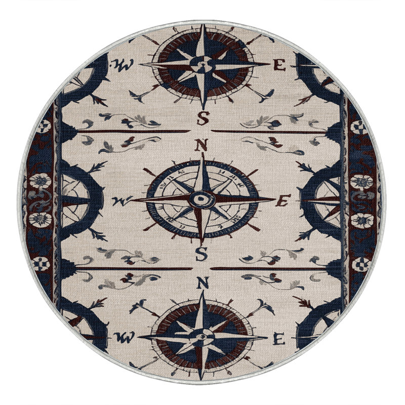 Washable Wind rose designs Nautical Area Rug, Round 7'