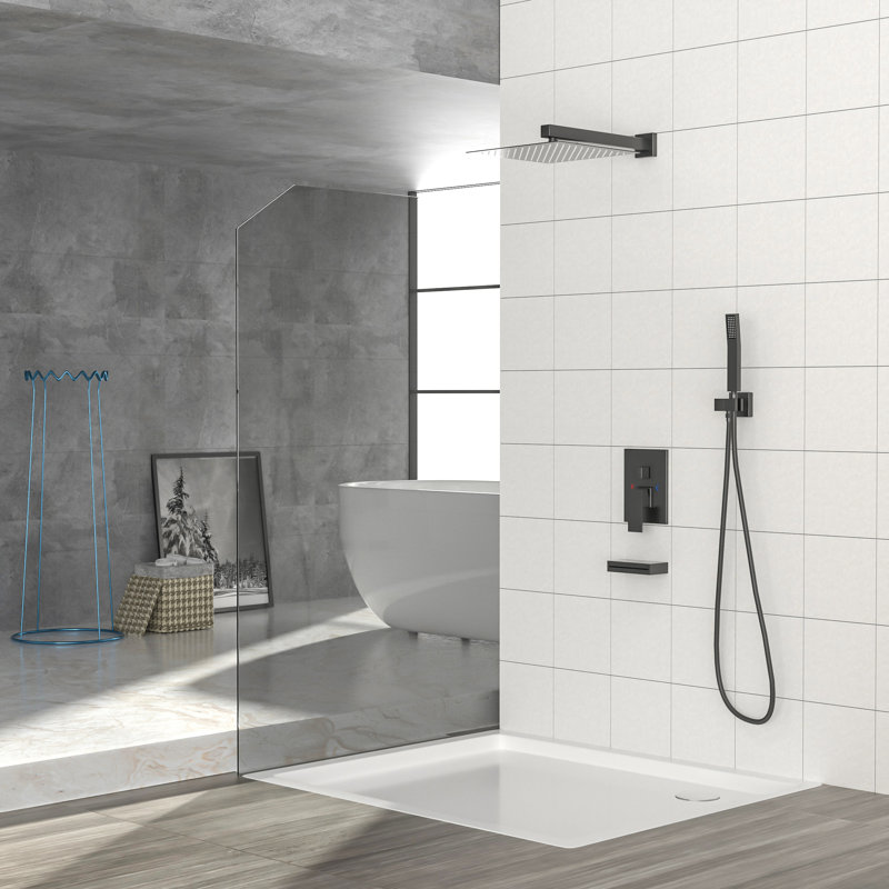 Système de douche carré Lsi 12 po avec douchette cascade, fixation murale, pomme de douche à effet pluie + douchette + douchette, noir mat, acier inoxydable