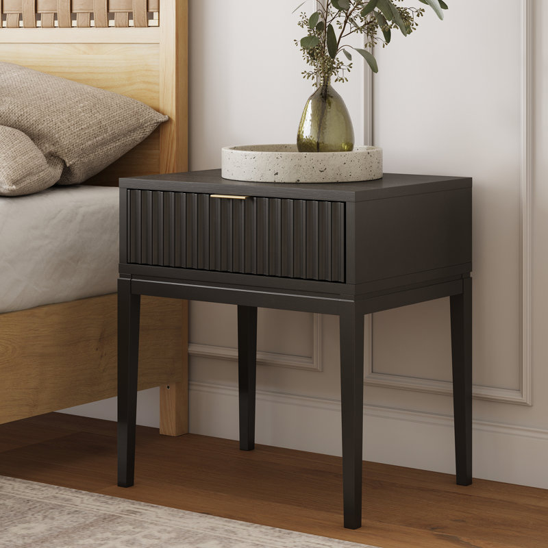 Carrera Fluted Wooden Nightstand with 1 Drawer, Black