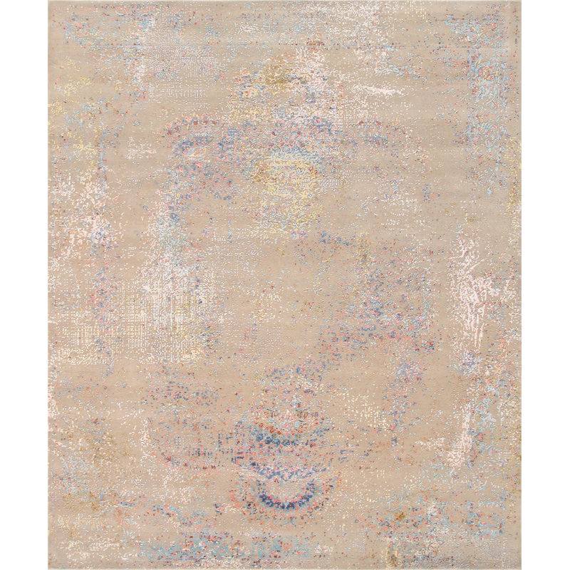 Hand Knotted Abstract Area Rug in Beige/Blue/Pink, Rectangle 9' x 12'