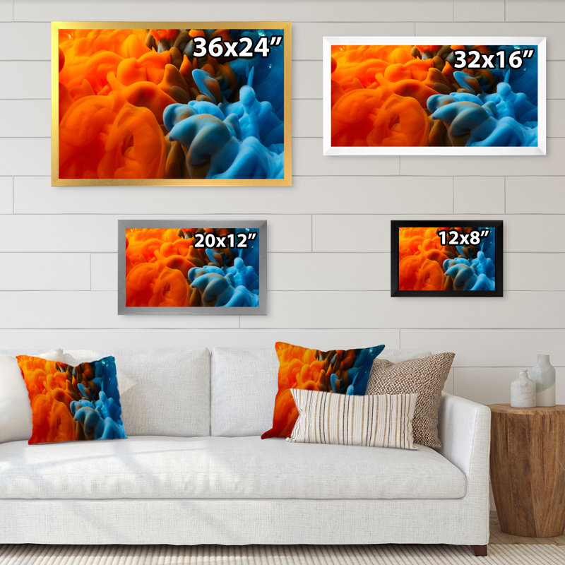 Encre orange et bleue fluide, reproduction sur toile flottante, Cadre noir, H 12 po x l 20 po x P 1 po