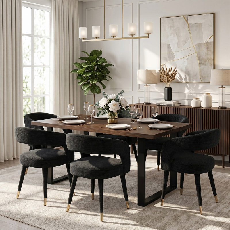 7-Piece Rectangular Dining Set With Chenille Arm Chairs, Black