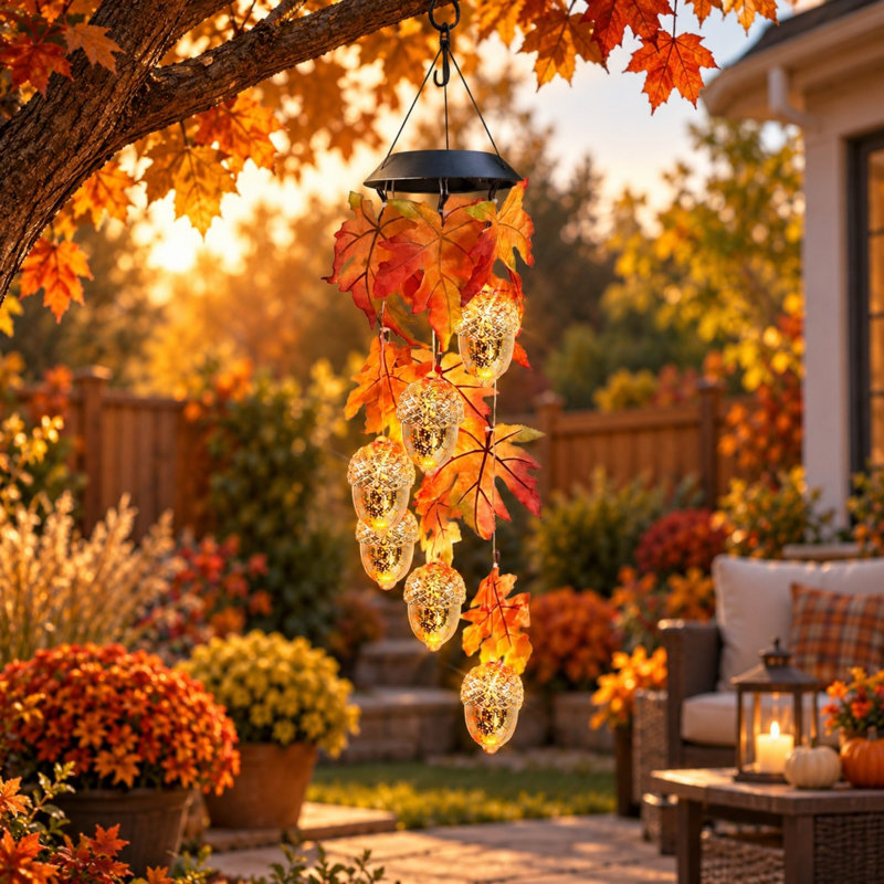 Carillon solaire à vent en forme de gland, feuilles de chêne suspendues pour un décor extérieur d'automne