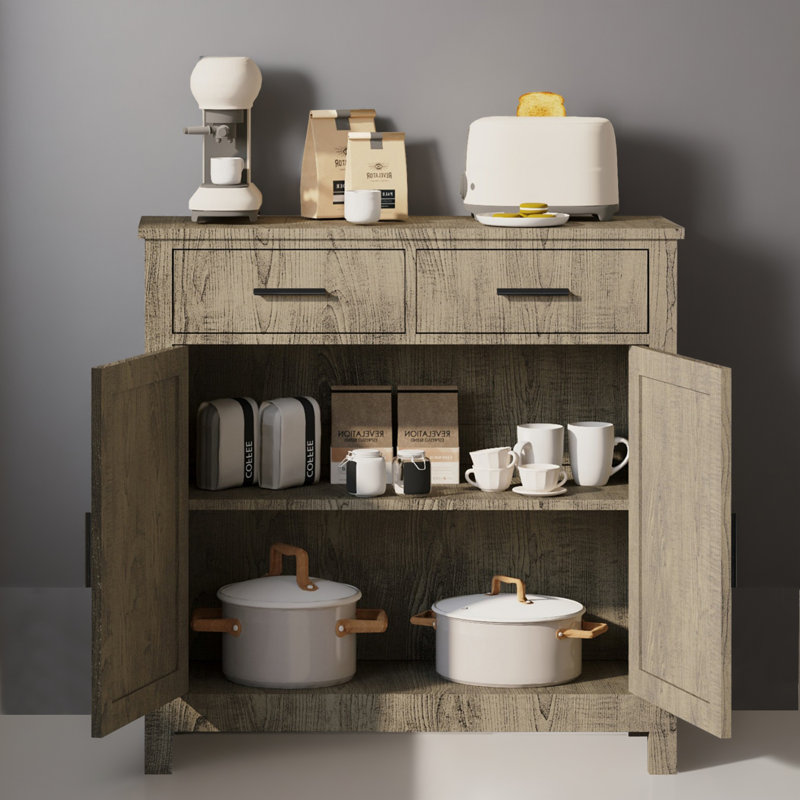 32" Wood Sideboard Console Table with Drawers and Cabinets, Grey
