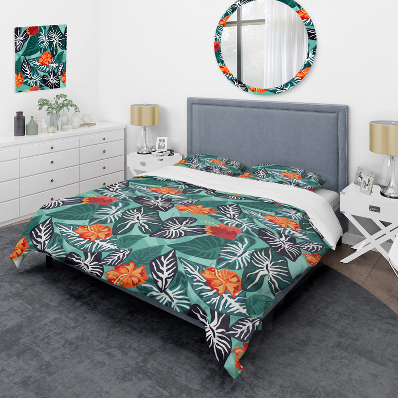 Feuilles tropicales vertes - Ensemble de housse de couette floral - Polyester en microfibre