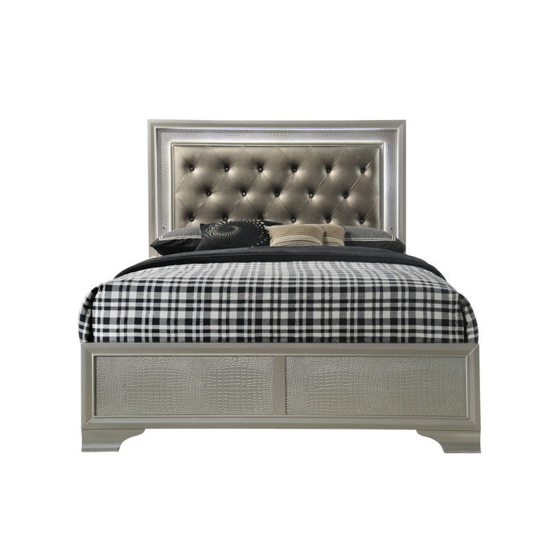 Glamorous Queen Size Bed With Beige & White Led And Faux Diamond Headboard Lit Upholstered Crocodile Skin Support Legs