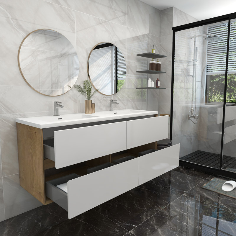 60'' Double Bathroom Vanity with Acrylic Top, Glossy White