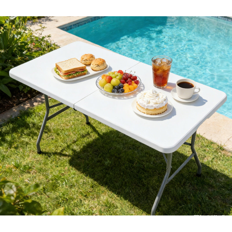 Table de camping pliante portative blanche avec poignée de transport, Blanc
