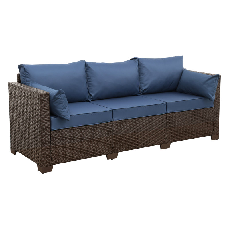 Ailina 79'' Wide Outdoor Wicker Patio Sofa with Anti-slip Cushions and Waterproof Cover, Navy Blue, Brown
