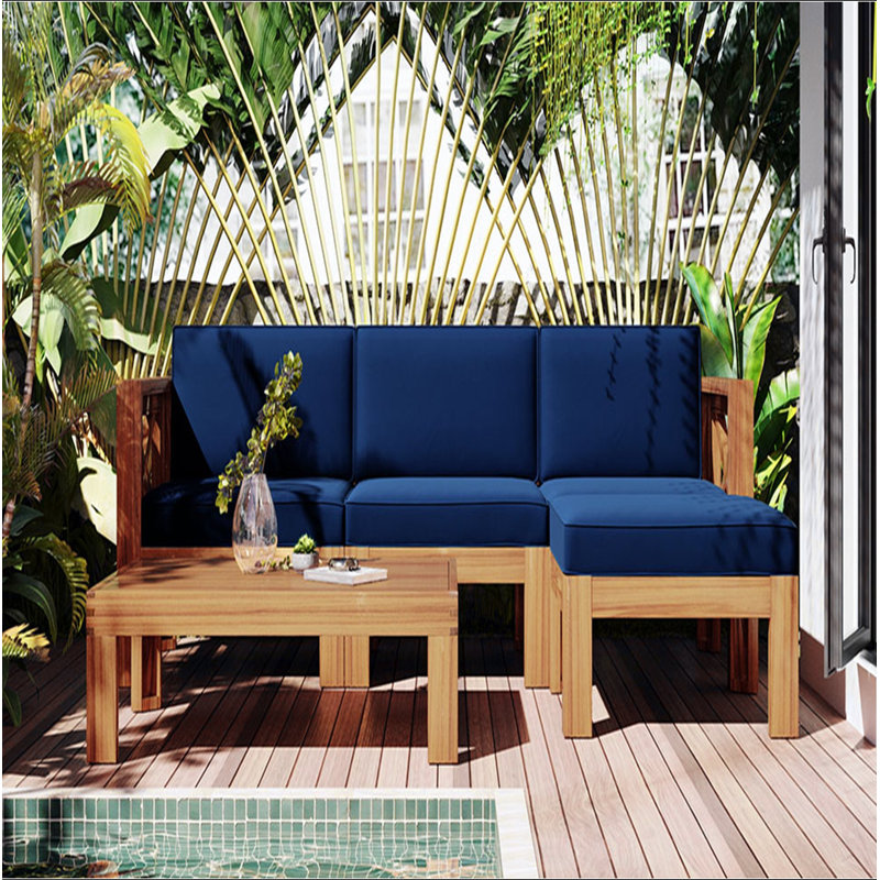 Ensemble de conversation modulaire avec canapé et coussins 5 pièces, Bleu, Naturel