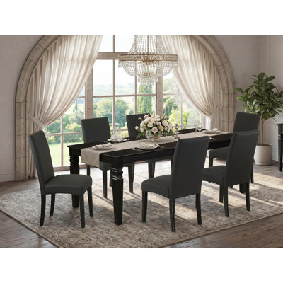 Ensemble de table de salle à manger 7 pièces composé d'une table rectangulaire avec feuille papillon et 6 chaises Parson en tissu de couleur noire, 42 x 84 po, noir