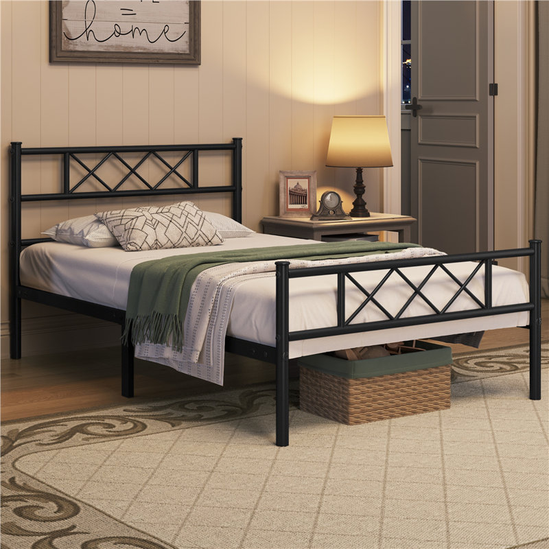 Modern Metal Bed Frame with Cross-design Headboard & Footboard, Black, Single (3')