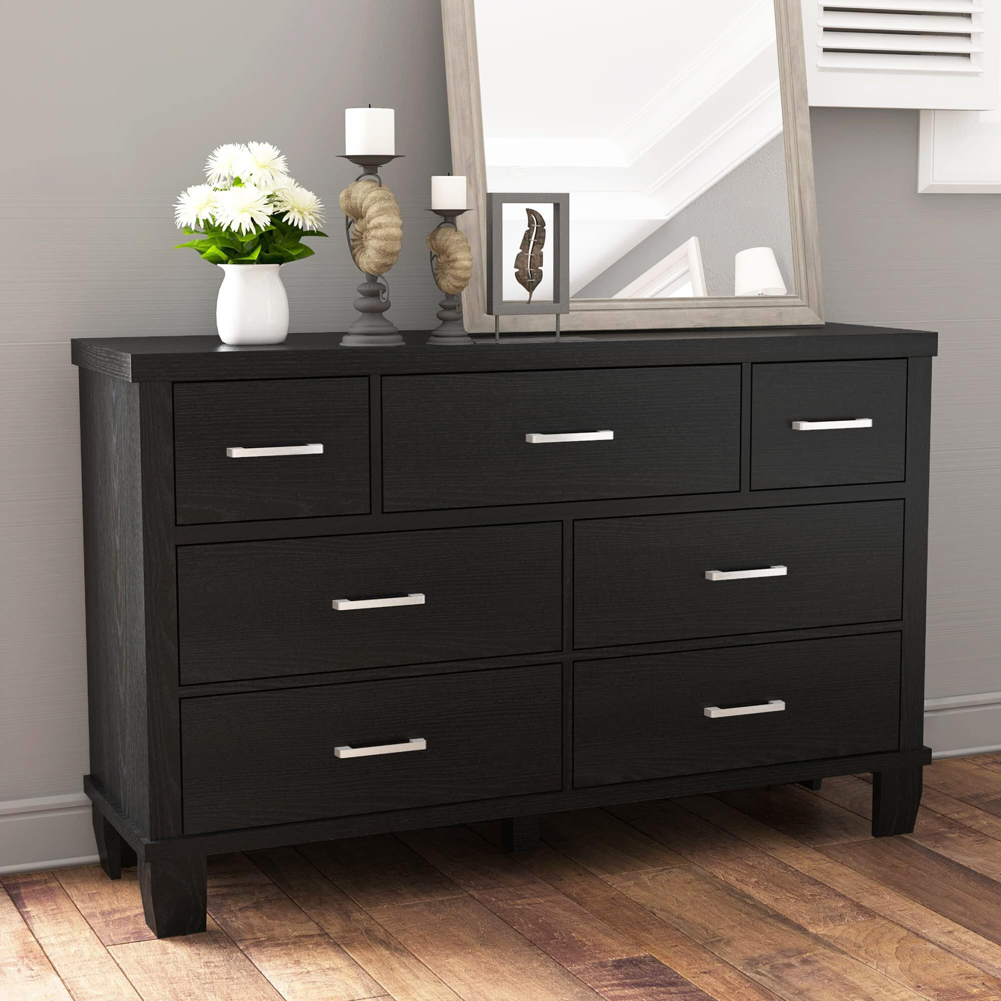 Modern 7-Drawer Dresser 52" Wide - Push-to-Open Handleless Chest, Curved Black Finish, Doubles As TV Stand