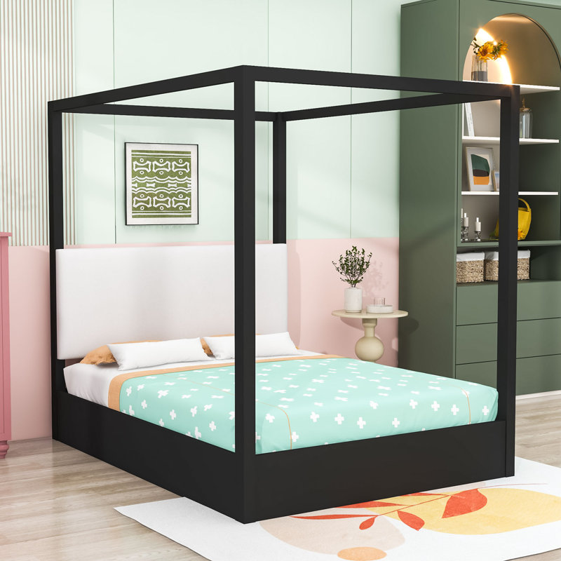 Lit à baldaquin moderne avec pieds de soutien et tête de lit tapissier de qualité supérieure, Grand lit, Black