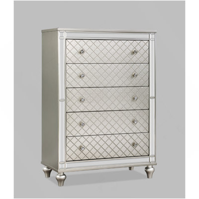 1Pc Glam 5-Drawer Bedroom Chest Diamond Patterned Drawer Fronts Silver Finish