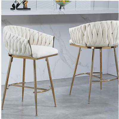 26-inch Bar Height Kitchen Island Bar Stool, with Manual Waveback, Gold Chrome Base, and Footrest