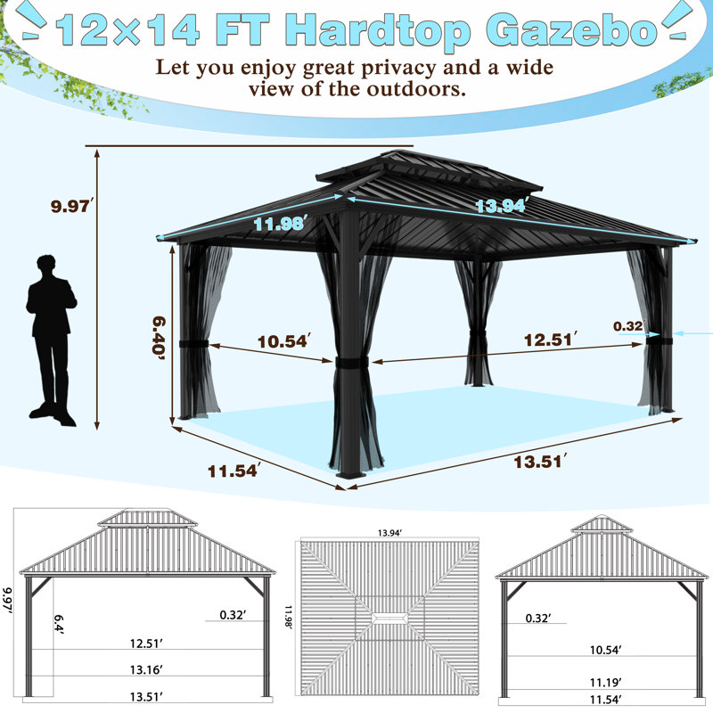 Hardtop Double-Roofed Aluminum Patio Gazebo Multiple Sizes, 14' W x 12' D