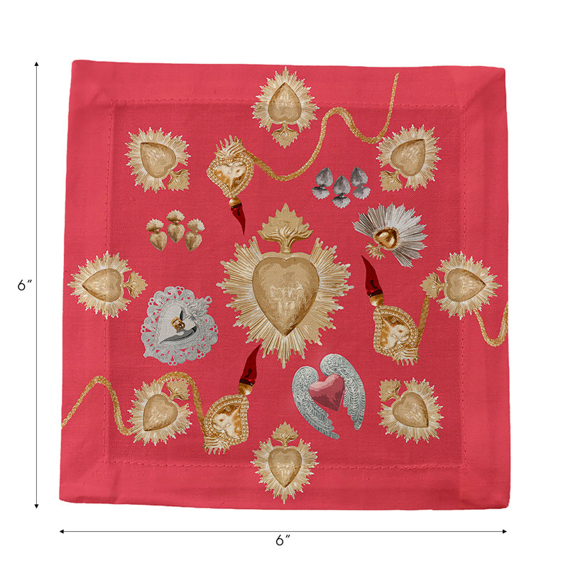 Ex Vote Sacred Hearts Cotton Sateen Cocktail Napkins, Crimson