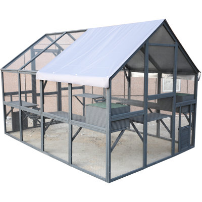 Cat Run Large Cat Enclosure Wooden Cat Catio Outdoor Kitty House with Bridges, Walks, Small Houses, Roof Cover 110 Inch
