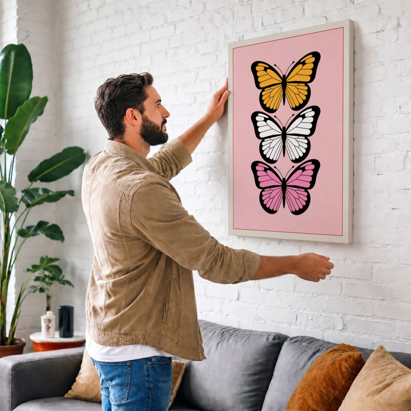 Three Butterflies Minimalist - Print, 30x20 - 76.2 x 50.8 cm, Taupe Border